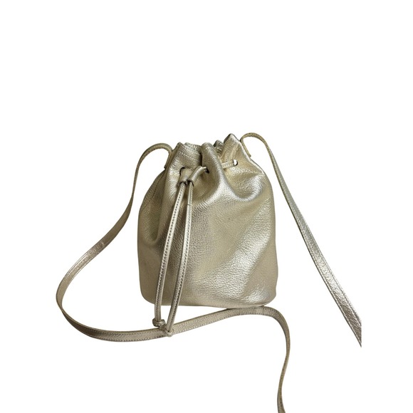 SAS Handbags - SAS Metallic Gold Pebbled Leather Drawstring Bucket Bag Crossbody Made in USA
